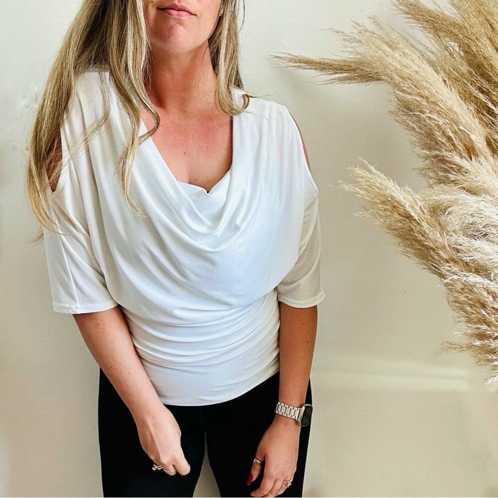 JOSEPH RIBKOFF White Ruche Gathered Cold Shoulder Half Sleeve Blouse Shirt Top 8